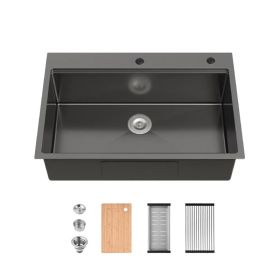 Stainless Steel Kitchen Sink, 33'x22' Single Bowl, Overmount Handmade Sink In Black, With Cutting Board, Colander-Unable Ship Weekends, TK And TEMU On