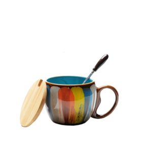 Creative ceramic cup milk cup water cup coffee cup breakfast cup couple cup to cup mug with lid spoon (Option: Blue)