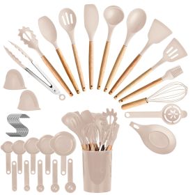 35Pcs Kitchen Cooking Utensils Set Spatula Set Baking Utensil Set Kitchen Accessories Necessities With Holder Egg Whisk Separator Tong Turner Spoons C (Color: Khaki)