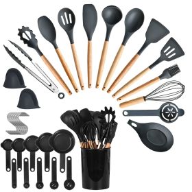 35Pcs Kitchen Cooking Utensils Set Spatula Set Baking Utensil Set Kitchen Accessories Necessities With Holder Egg Whisk Separator Tong Turner Spoons C (Color: Black)