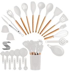35Pcs Kitchen Cooking Utensils Set Spatula Set Baking Utensil Set Kitchen Accessories Necessities With Holder Egg Whisk Separator Tong Turner Spoons C (Color: White)